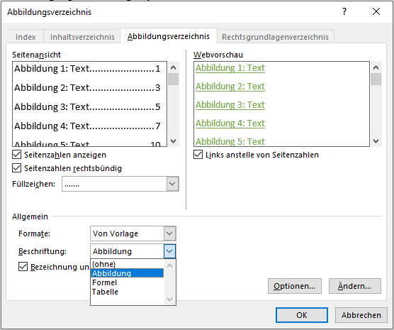 Screenshot zum Einfügen eines automatischen Abbildungsverzeichnisses