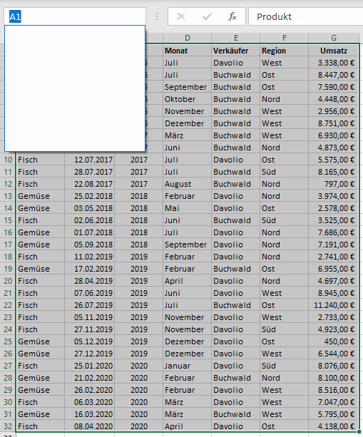 Screenshot eines zusammenhängenden Datenbereichs in Excel