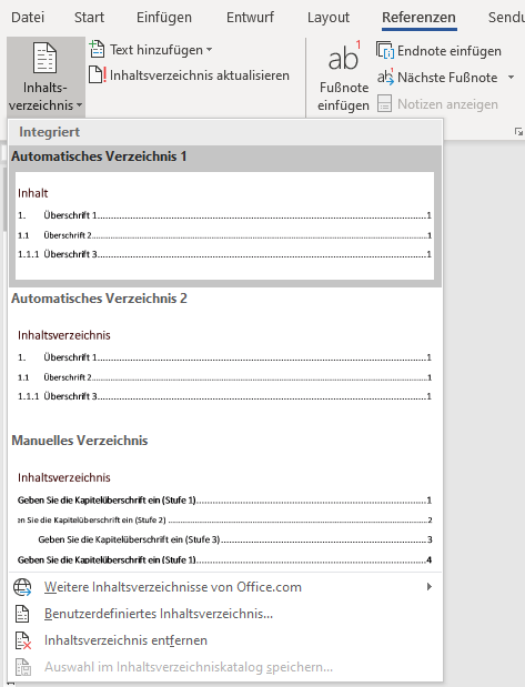 Screenshot mit Einträgen zum Einfügen eines automatischen Inhaltsverzeichnisses