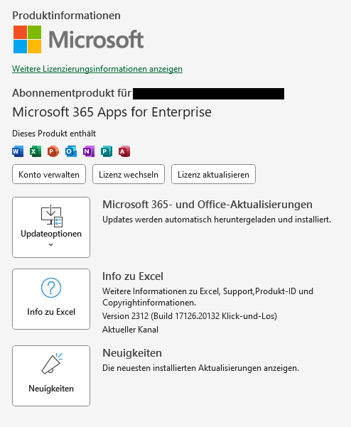 Screenshot Microsoft Produktinformation