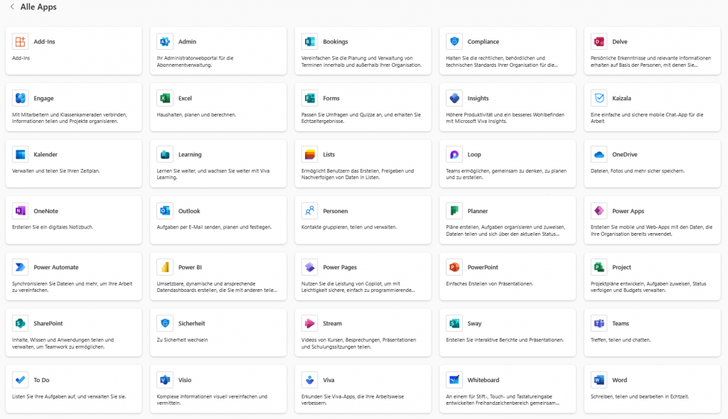 Übersicht der am häufigsten eingesetzten Apps in Microsoft 365